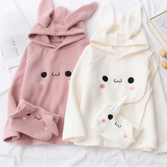 Rabbit ears sweater hoodie bag set fuzzy white cream fun Kawaii womens cartoon - Picture 5 of 6